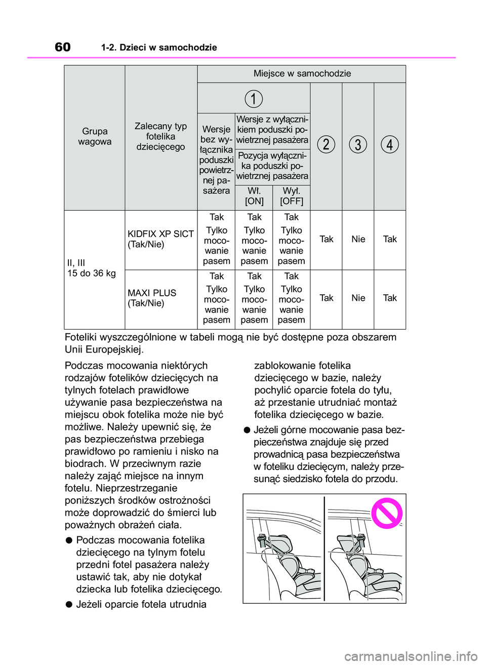 TOYOTA RAV4 2019  Instrukcja obsługi (in Polish) Podczas mocowania niektórych
rodzajów fotelików dzieci´cych na
tylnych fotelach prawid∏owe
u˝ywanie pasa bezpieczeƒstwa na
miejscu obok fotelika mo˝e nie byç
mo˝liwe. Nale˝y upewniç si´,
