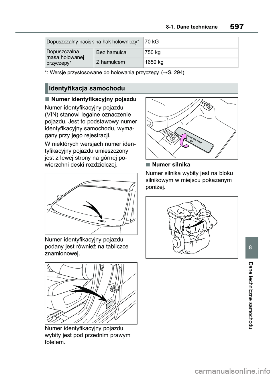 TOYOTA RAV4 2019  Instrukcja obsługi (in Polish) Numer identyfikacyjny pojazdu
Numer identyfikacyjny pojazdu
(VIN) stanowi legalne oznaczenie
pojazdu. Jest to podstawowy numer
identyfikacyjny samochodu, wyma-
gany przy jego rejestracji.
W niektóryc