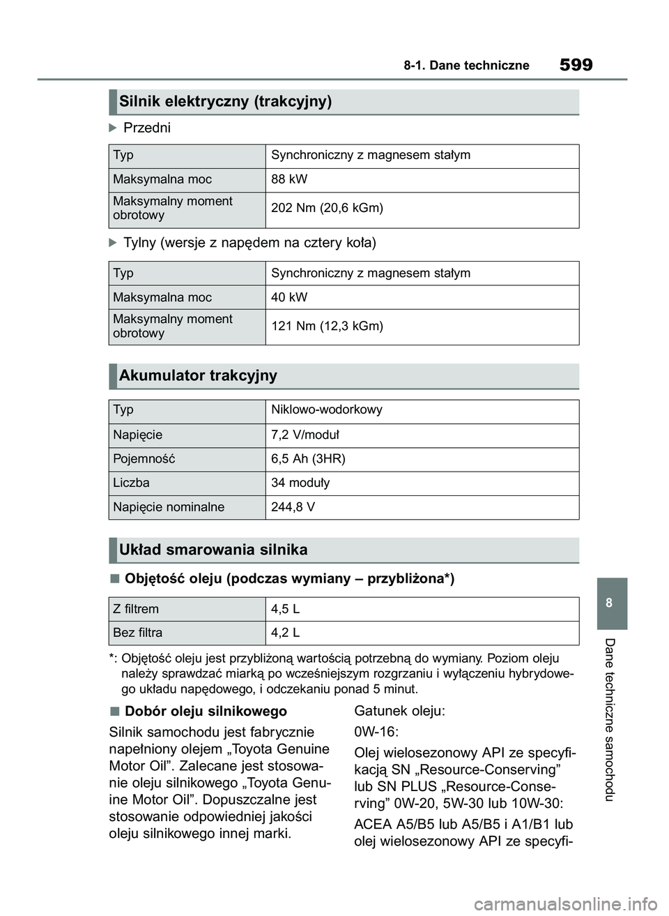 TOYOTA RAV4 2019  Instrukcja obsługi (in Polish) Dobór oleju silnikowego
Silnik samochodu jest fabrycznie
nape∏niony olejem „Toyota Genuine
Motor Oil”. Zalecane jest stosowa-
nie oleju silnikowego „Toyota Genu-
ine Motor Oil”. Dopuszczaln