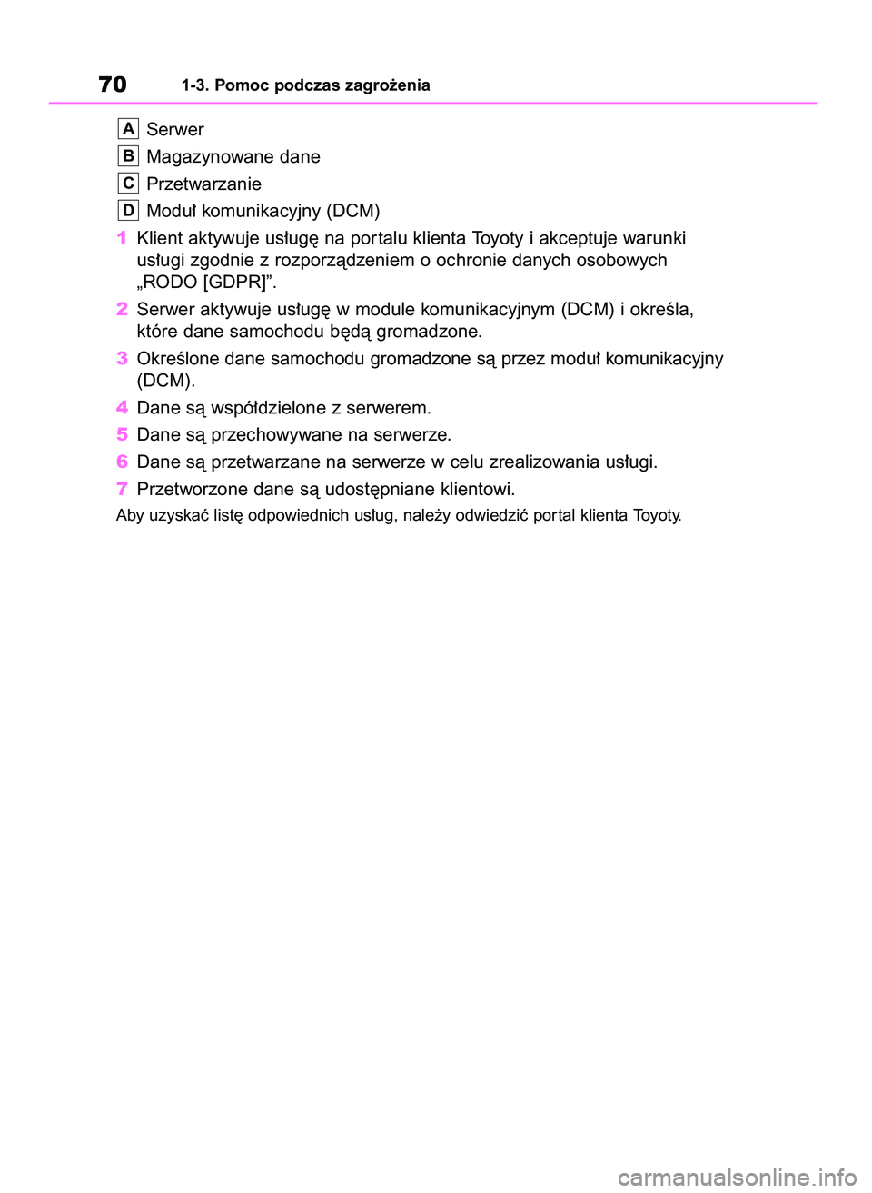 TOYOTA RAV4 2019 Instrukcja obsługi (in Polish) 701-3. Pomoc podczas zagro˝enia
Serwer
Magazynowane dane
Przetwarzanie
Modu∏ komunikacyjny (DCM)
1Klient aktywuje us∏ug´ na por talu klienta Toyoty i akceptuje warunki
us∏ugi zgodnie z rozporz TOYOTA RAV4 2019 Instrukcja obsługi (in Polish) 701-3. Pomoc podczas zagro˝enia
Serwer
Magazynowane dane
Przetwarzanie
Modu∏ komunikacyjny (DCM)
1Klient aktywuje us∏ug´ na por talu klienta Toyoty i akceptuje warunki
us∏ugi zgodnie z rozporz