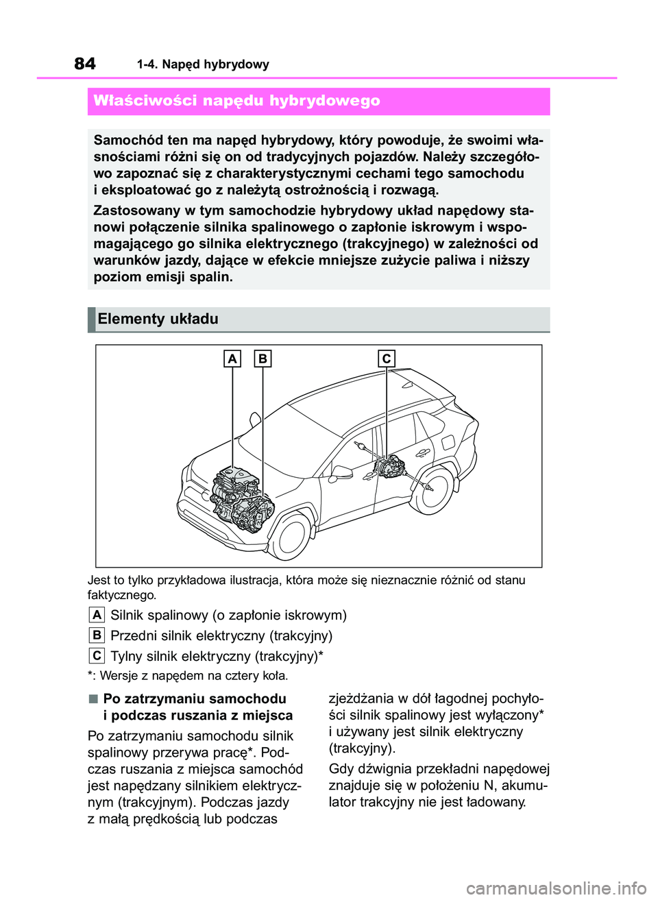 TOYOTA RAV4 2019  Instrukcja obsługi (in Polish) Po zatrzymaniu samochodu
i podczas ruszania z miejsca
Po zatrzymaniu samochodu silnik
spalinowy przerywa prac´*. Pod-
czas ruszania z miejsca samochód
jest nap´dzany silnikiem elektrycz-
nym (trakc