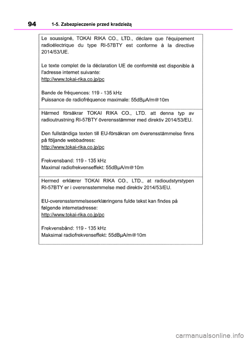 TOYOTA RAV4 2019  Instrukcja obsługi (in Polish) 941-5. Zabezpieczenie przed kradzie˝à
48 RAV4 HV OM42C86E  19/11/19  11:35  Page 94 