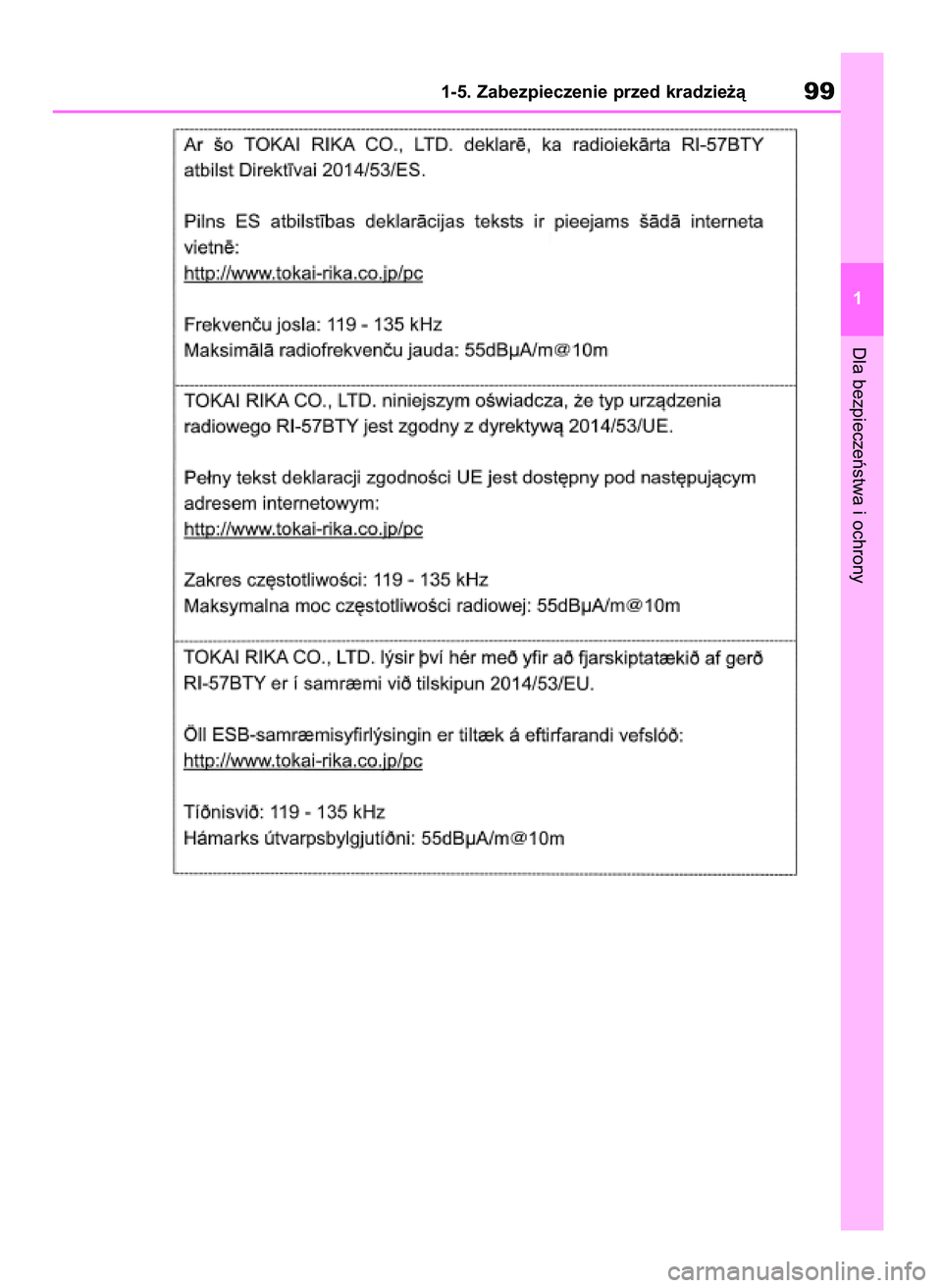 TOYOTA RAV4 2019  Instrukcja obsługi (in Polish) Dla bezpieczeƒstwa i ochrony
1-5. Zabezpieczenie przed kradzie˝à99
1
48 RAV4 HV OM42C86E  19/11/19  11:35  Page 99 