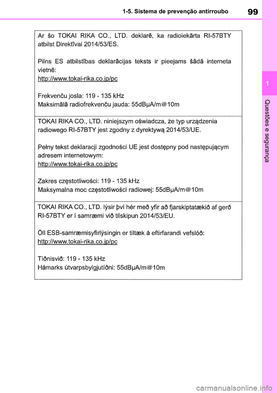 TOYOTA RAV4 2019  Manual de utilização (in Portuguese) 99
1
1-5. Sistema de prevenção antirroubo
Questões e segurança
M42C86toeuenvhch01.fm  Page 99  Monday, February 3, 2020  11:36 PM
RAV4HV_OM_OM42C86E-1 maiadouro 04022020.pdf   9904/02/20   00:37 