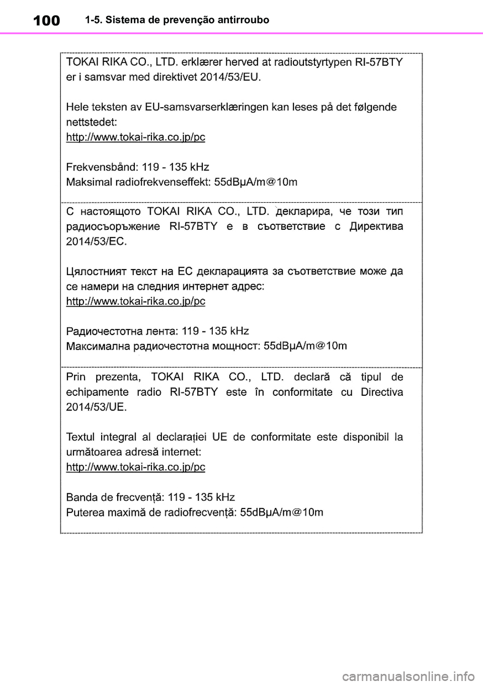 TOYOTA RAV4 2019  Manual de utilização (in Portuguese) 1001-5. Sistema de prevenção antirroubo
M42C86toeuenvhch01.fm  Page 100  Monday, February 3, 2020  11:36 PM
RAV4HV_OM_OM42C86E-1 maiadouro 04022020.pdf   10004/02/20   00:37 