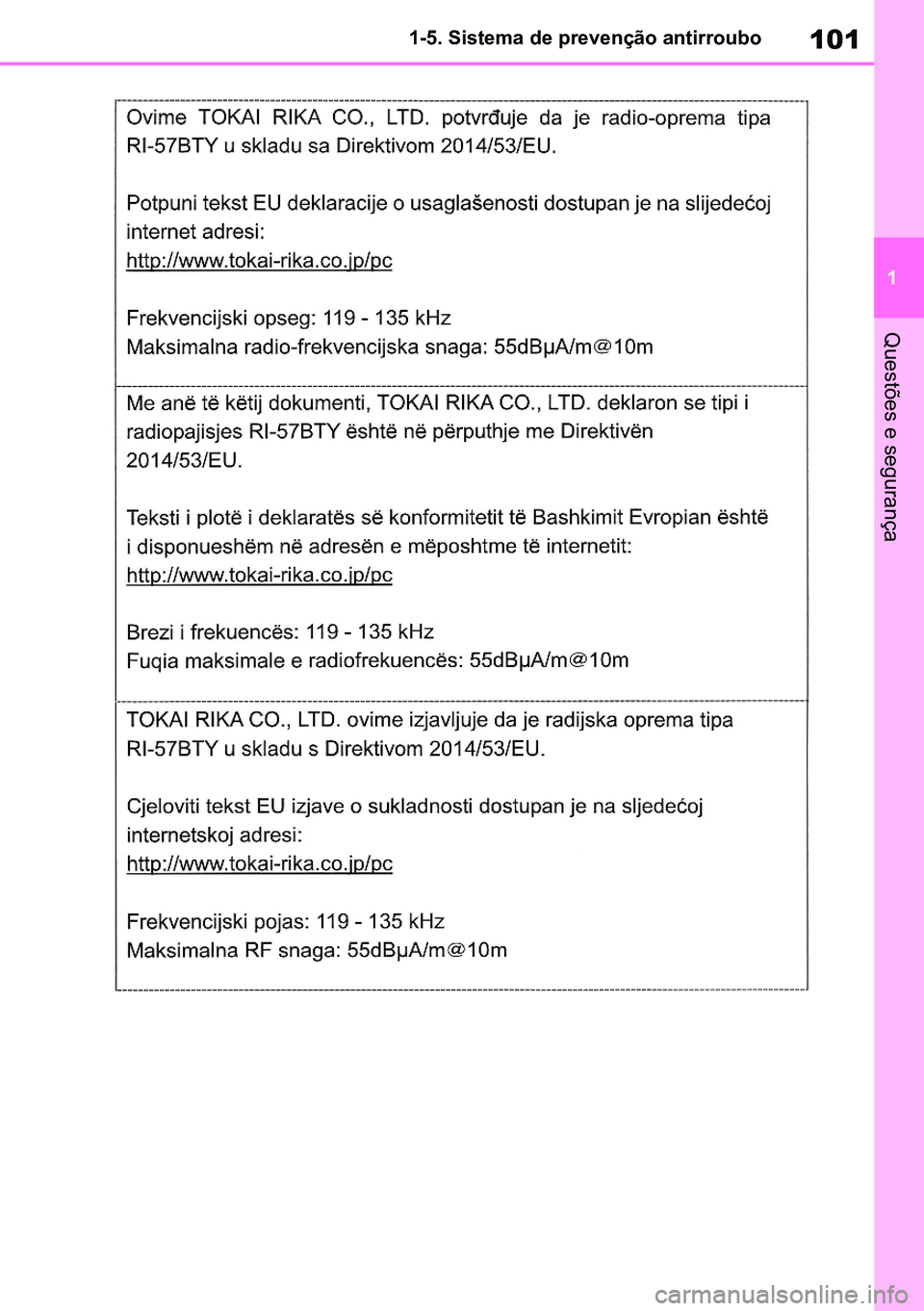 TOYOTA RAV4 2019  Manual de utilização (in Portuguese) 101
1
1-5. Sistema de prevenção antirroubo
Questões e segurança
M42C86toeuenvhch01.fm  Page 101  Monday, February 3, 2020  11:36 PM
RAV4HV_OM_OM42C86E-1 maiadouro 04022020.pdf   10104/02/20   00:3