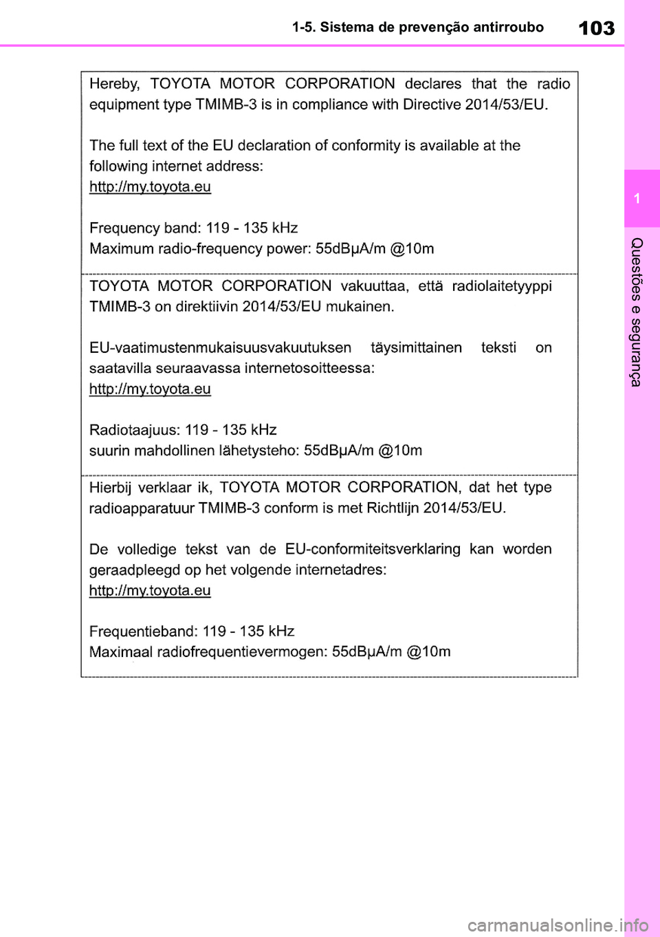 TOYOTA RAV4 2019  Manual de utilização (in Portuguese) 103
1
1-5. Sistema de prevenção antirroubo
Questões e segurança
M42C86toeuenvhch01.fm  Page 103  Monday, February 3, 2020  11:36 PM
RAV4HV_OM_OM42C86E-1 maiadouro 04022020.pdf   10304/02/20   00:3