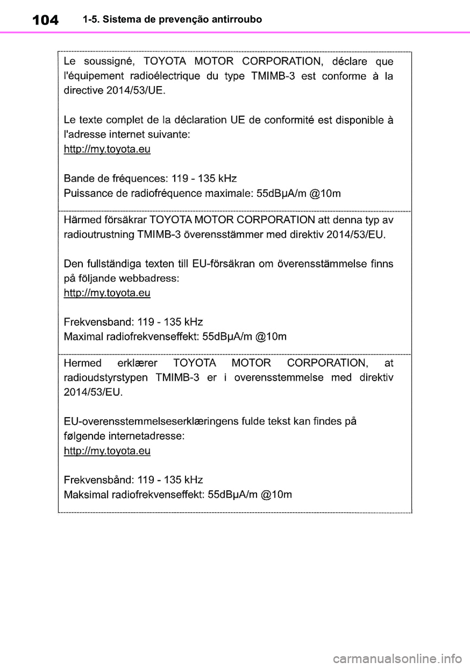 TOYOTA RAV4 2019  Manual de utilização (in Portuguese) 1041-5. Sistema de prevenção antirroubo
M42C86toeuenvhch01.fm  Page 104  Monday, February 3, 2020  11:36 PM
RAV4HV_OM_OM42C86E-1 maiadouro 04022020.pdf   10404/02/20   00:37 