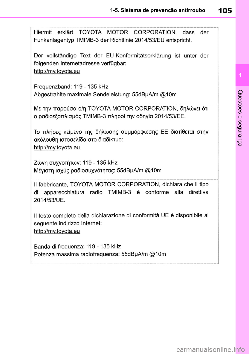 TOYOTA RAV4 2019  Manual de utilização (in Portuguese) 105
1
1-5. Sistema de prevenção antirroubo
Questões e segurança
M42C86toeuenvhch01.fm  Page 105  Monday, February 3, 2020  11:36 PM
RAV4HV_OM_OM42C86E-1 maiadouro 04022020.pdf   10504/02/20   00:3