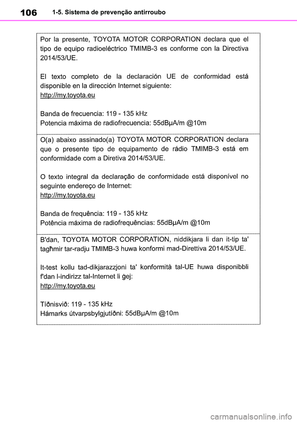TOYOTA RAV4 2019  Manual de utilização (in Portuguese) 1061-5. Sistema de prevenção antirroubo
M42C86toeuenvhch01.fm  Page 106  Monday, February 3, 2020  11:36 PM
RAV4HV_OM_OM42C86E-1 maiadouro 04022020.pdf   10604/02/20   00:37 