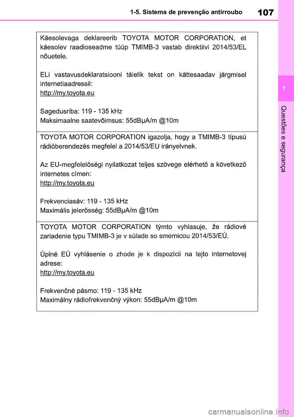 TOYOTA RAV4 2019  Manual de utilização (in Portuguese) 107
1
1-5. Sistema de prevenção antirroubo
Questões e segurança
M42C86toeuenvhch01.fm  Page 107  Monday, February 3, 2020  11:36 PM
RAV4HV_OM_OM42C86E-1 maiadouro 04022020.pdf   10704/02/20   00:3