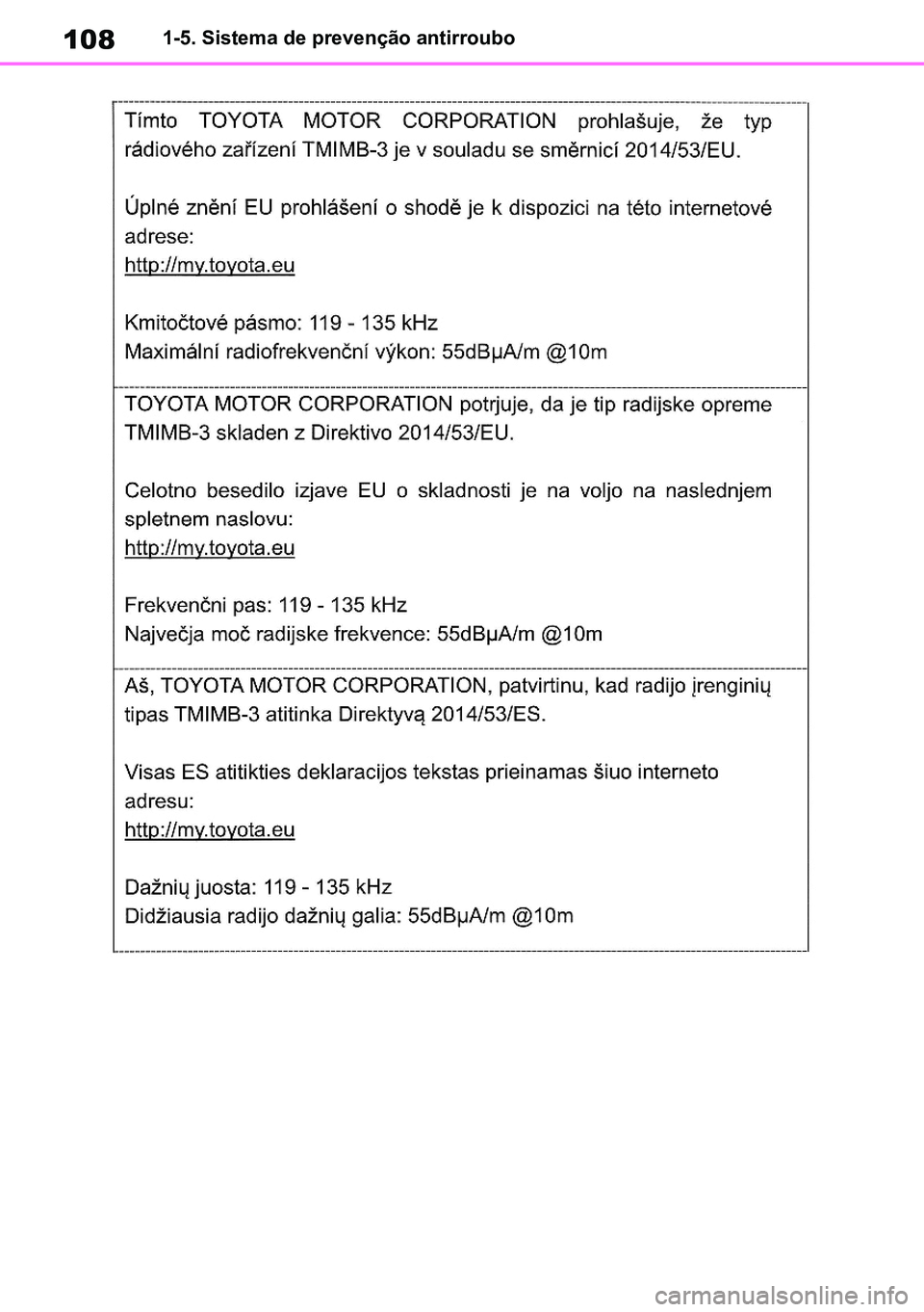 TOYOTA RAV4 2019  Manual de utilização (in Portuguese) 1081-5. Sistema de prevenção antirroubo
M42C86toeuenvhch01.fm  Page 108  Monday, February 3, 2020  11:36 PM
RAV4HV_OM_OM42C86E-1 maiadouro 04022020.pdf   10804/02/20   00:37 
