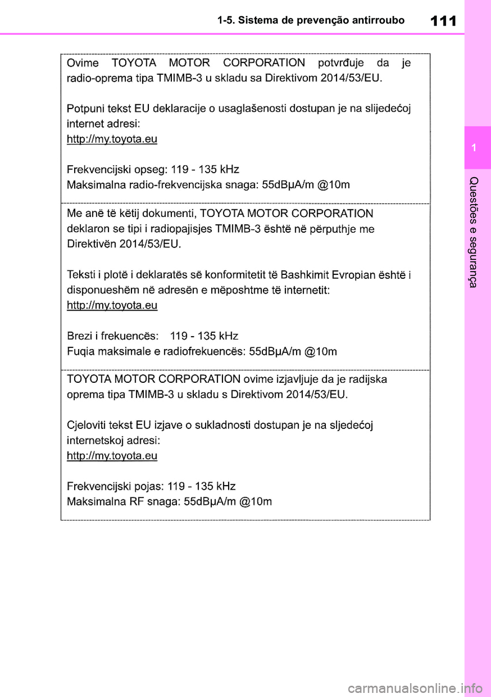 TOYOTA RAV4 2019  Manual de utilização (in Portuguese) 111
1
1-5. Sistema de prevenção antirroubo
Questões e segurança
M42C86toeuenvhch01.fm  Page 111  Monday, February 3, 2020  11:36 PM
RAV4HV_OM_OM42C86E-1 maiadouro 04022020.pdf   11104/02/20   00:3