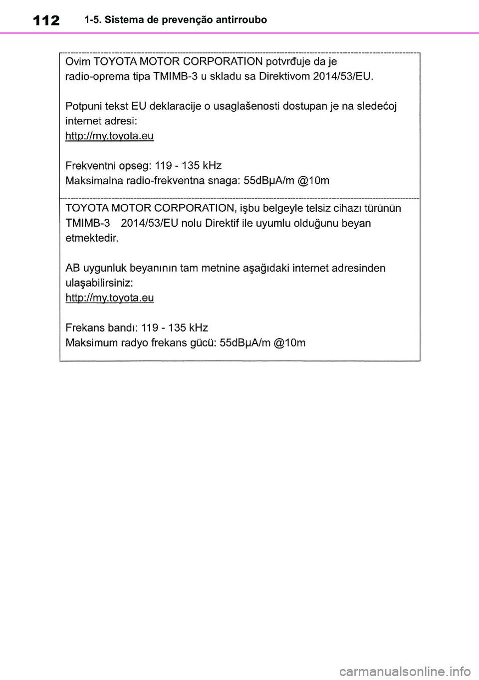 TOYOTA RAV4 2019  Manual de utilização (in Portuguese) 1121-5. Sistema de prevenção antirroubo
M42C86toeuenvhch01.fm  Page 112  Monday, February 3, 2020  11:36 PM
RAV4HV_OM_OM42C86E-1 maiadouro 04022020.pdf   11204/02/20   00:37 