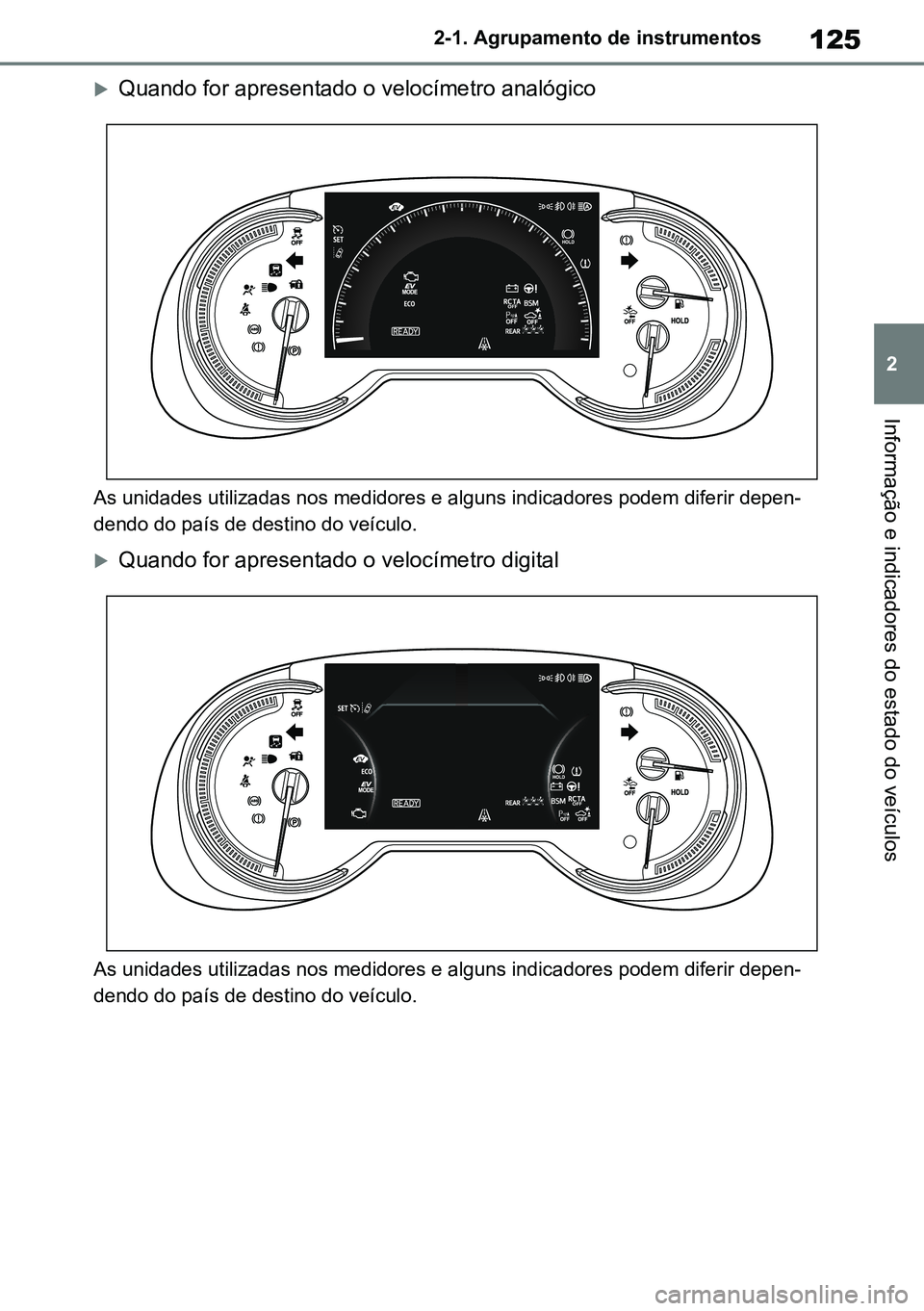 TOYOTA RAV4 2019 Manual de utilização (in Portuguese) 125
2
2-1. Agrupamento de instrumentos
Informação e indicadores do estado do veículos
Quando for apresentado o velocímetro analógico
As unidades utilizadas nos medidores e alguns indicadores p TOYOTA RAV4 2019 Manual de utilização (in Portuguese) 125
2
2-1. Agrupamento de instrumentos
Informação e indicadores do estado do veículos
Quando for apresentado o velocímetro analógico
As unidades utilizadas nos medidores e alguns indicadores p