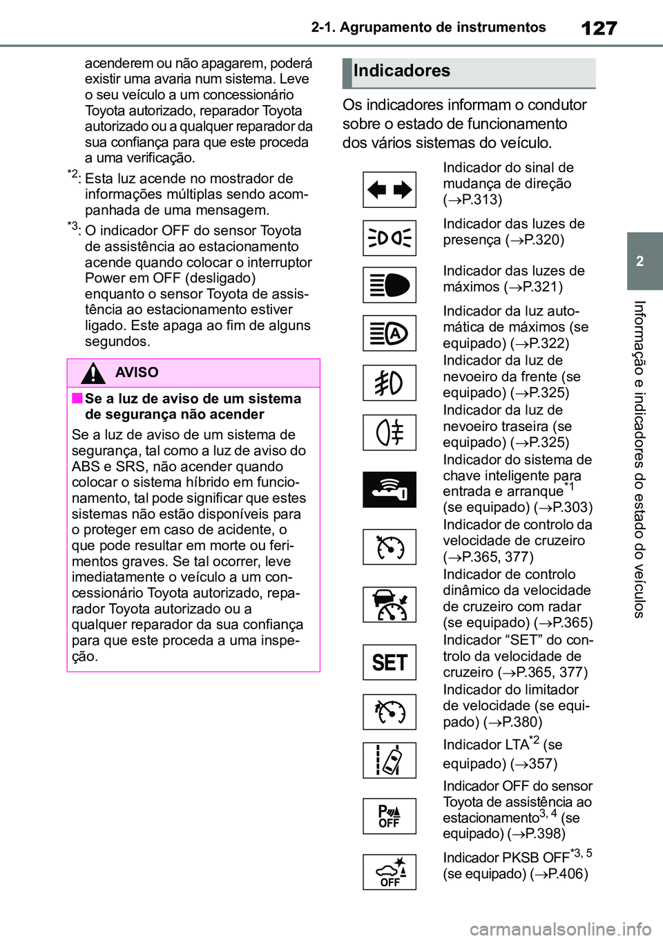 TOYOTA RAV4 2019 Manual de utilização (in Portuguese) 127
2
2-1. Agrupamento de instrumentos
Informação e indicadores do estado do veículos
acenderem ou não apagarem, poderá
existir uma avaria num sistema. Leve
o seu veículo a um concessionário TOYOTA RAV4 2019 Manual de utilização (in Portuguese) 127
2
2-1. Agrupamento de instrumentos
Informação e indicadores do estado do veículos
acenderem ou não apagarem, poderá
existir uma avaria num sistema. Leve
o seu veículo a um concessionário