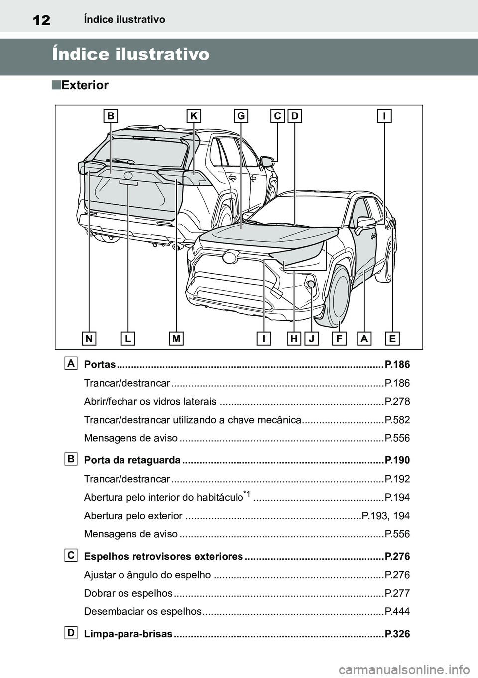 TOYOTA RAV4 2019 Manual de utilização (in Portuguese) 12Índice ilustrativo
Índice ilustrativo
nExterior
Portas ..............................................................................................P.186
Trancar/destrancar ...................... TOYOTA RAV4 2019 Manual de utilização (in Portuguese) 12Índice ilustrativo
Índice ilustrativo
nExterior
Portas ..............................................................................................P.186
Trancar/destrancar ......................