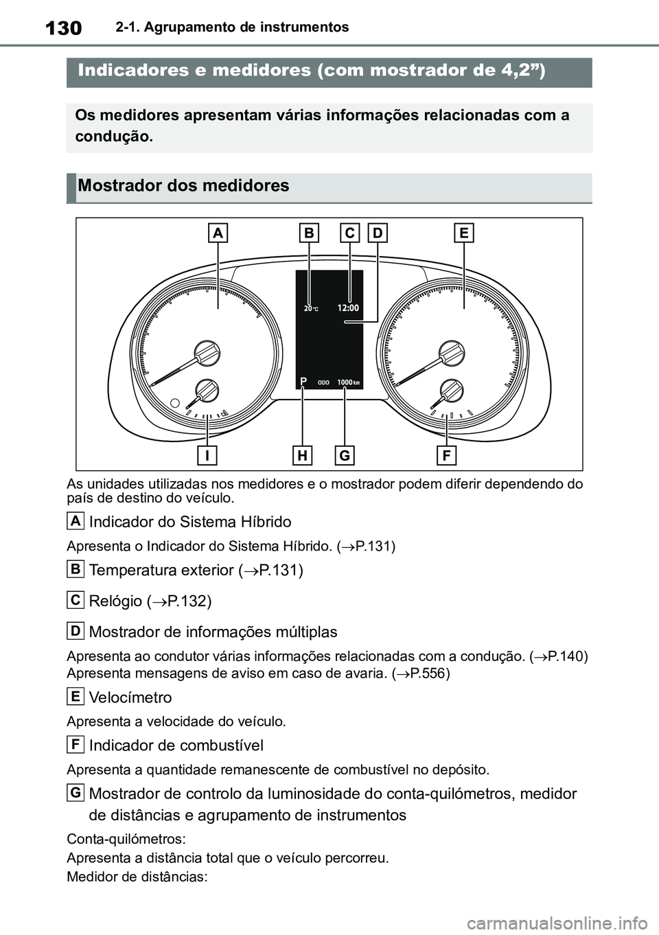 TOYOTA RAV4 2019  Manual de utilização (in Portuguese) 1302-1. Agrupamento de instrumentos
As unidades utilizadas nos medidores e o mostrador podem diferir dependendo do 
país de destino do veículo.
Indicador do Sistema Híbrido
Apresenta o Indicador do