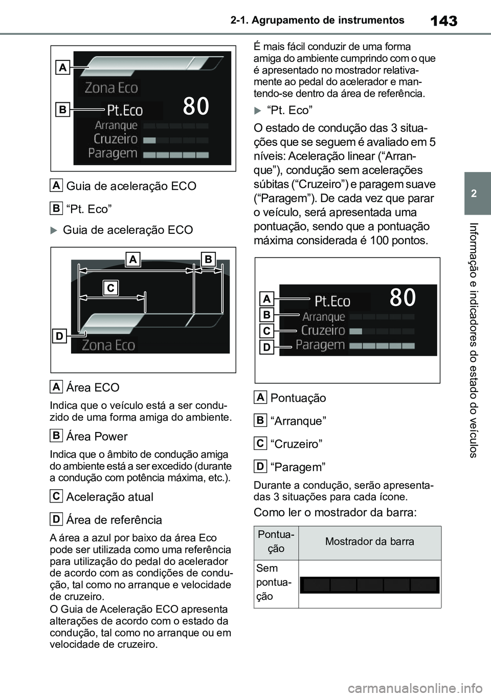 TOYOTA RAV4 2019  Manual de utilização (in Portuguese) 143
2
2-1. Agrupamento de instrumentos
Informação e indicadores do estado do veículos
Guia de aceleração ECO 
“Pt. Eco”
Guia de aceleração ECO
Área ECO
Indica que o veículo está a ser