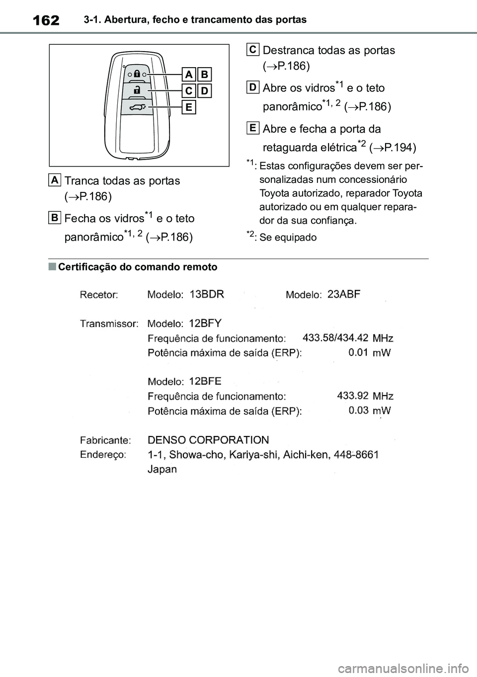 TOYOTA RAV4 2019  Manual de utilização (in Portuguese) 1623-1. Abertura, fecho e trancamento das portas
Tranca todas as portas  
(P.186)
Fecha os vidros*1 e o teto 
panorâmico*1, 2 (P.186)
Destranca todas as portas 
(P.186)
Abre os vidros*1 e o 