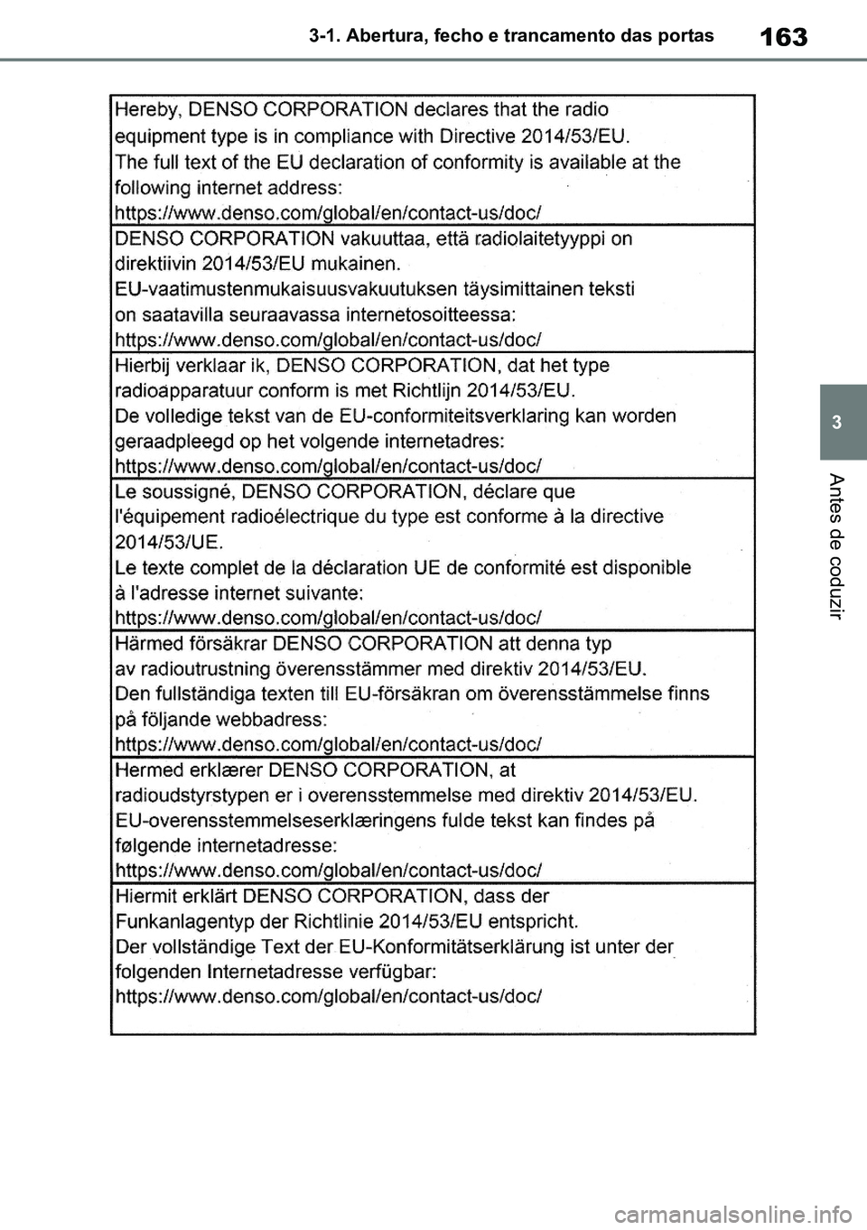 TOYOTA RAV4 2019  Manual de utilização (in Portuguese) 163
3
3-1. Abertura, fecho e trancamento das portas
Antes de coduzir
M42C86toeuenvhch03.fm  Page 163  Monday, February 3, 2020  11:41 PM
RAV4HV_OM_OM42C86E-1 maiadouro 04022020.pdf   16304/02/20   00: