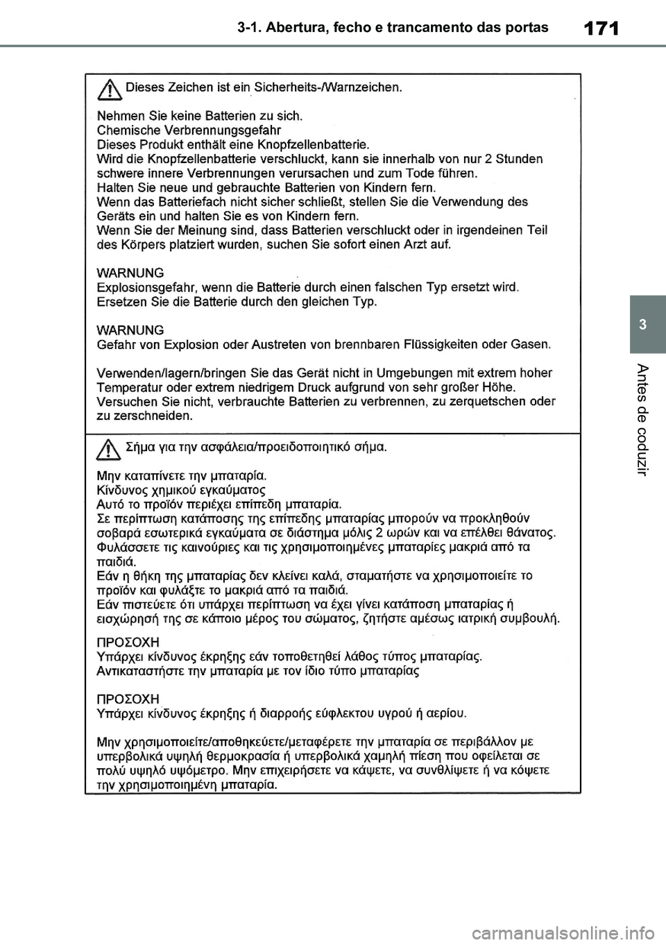 TOYOTA RAV4 2019  Manual de utilização (in Portuguese) 171
3
3-1. Abertura, fecho e trancamento das portas
Antes de coduzir
M42C86toeuenvhch03.fm  Page 171  Monday, February 3, 2020  11:41 PM
RAV4HV_OM_OM42C86E-1 maiadouro 04022020.pdf   17104/02/20   00:
