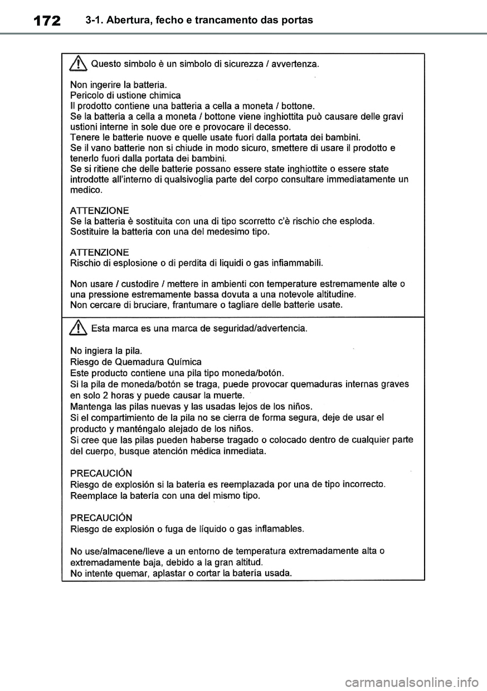 TOYOTA RAV4 2019  Manual de utilização (in Portuguese) 1723-1. Abertura, fecho e trancamento das portas
M42C86toeuenvhch03.fm  Page 172  Monday, February 3, 2020  11:41 PM
RAV4HV_OM_OM42C86E-1 maiadouro 04022020.pdf   17204/02/20   00:37 