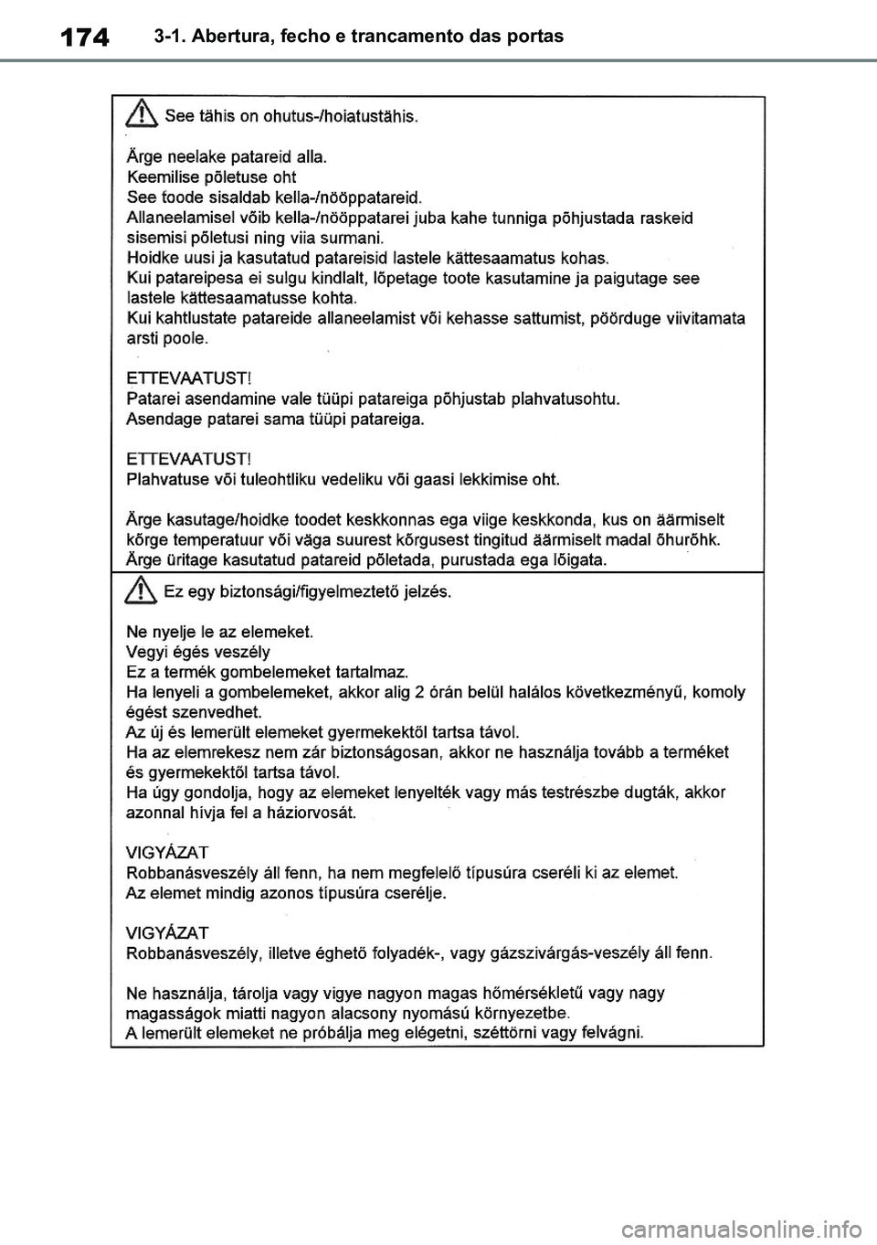 TOYOTA RAV4 2019  Manual de utilização (in Portuguese) 1743-1. Abertura, fecho e trancamento das portas
M42C86toeuenvhch03.fm  Page 174  Monday, February 3, 2020  11:41 PM
RAV4HV_OM_OM42C86E-1 maiadouro 04022020.pdf   17404/02/20   00:37 