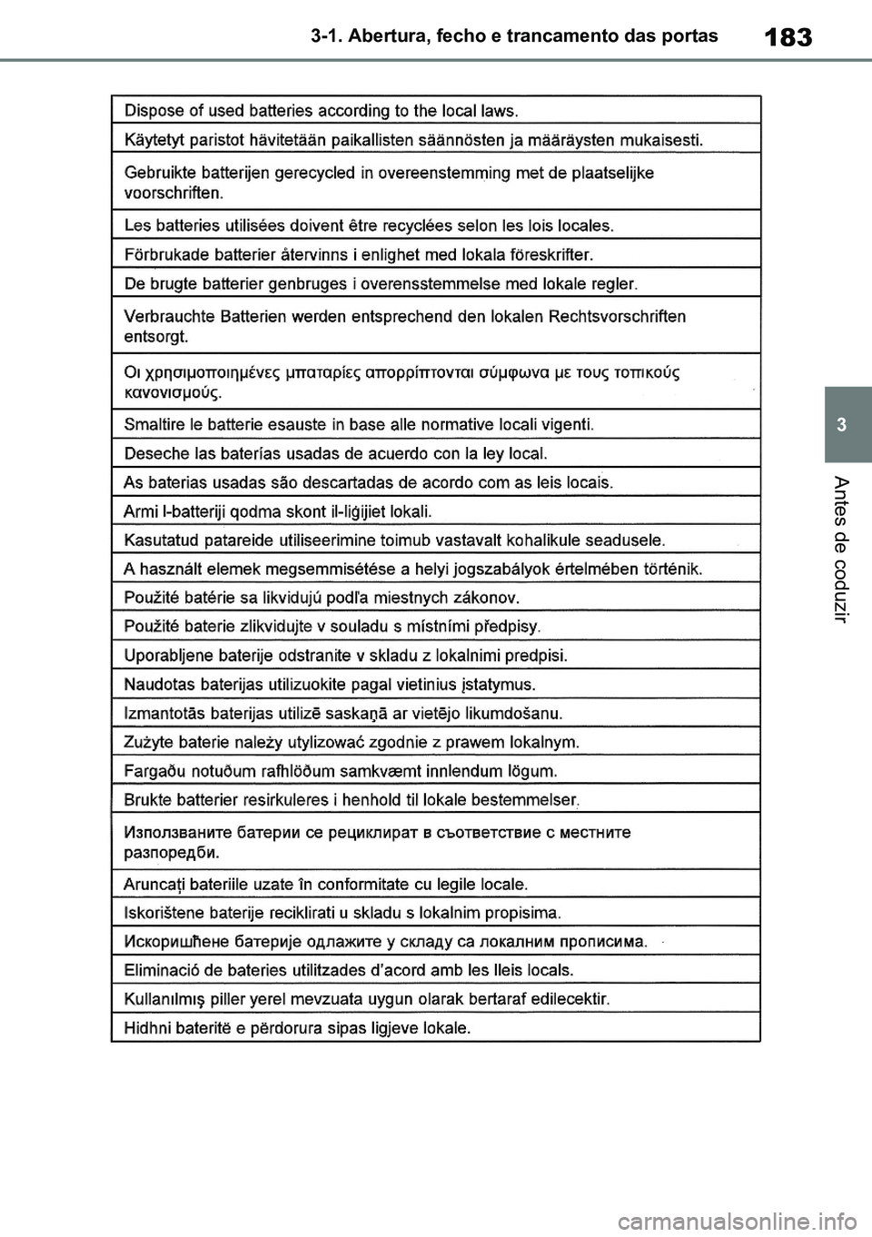 TOYOTA RAV4 2019  Manual de utilização (in Portuguese) 183
3
3-1. Abertura, fecho e trancamento das portas
Antes de coduzir
M42C86toeuenvhch03.fm  Page 183  Monday, February 3, 2020  11:41 PM
RAV4HV_OM_OM42C86E-1 maiadouro 04022020.pdf   18304/02/20   00: