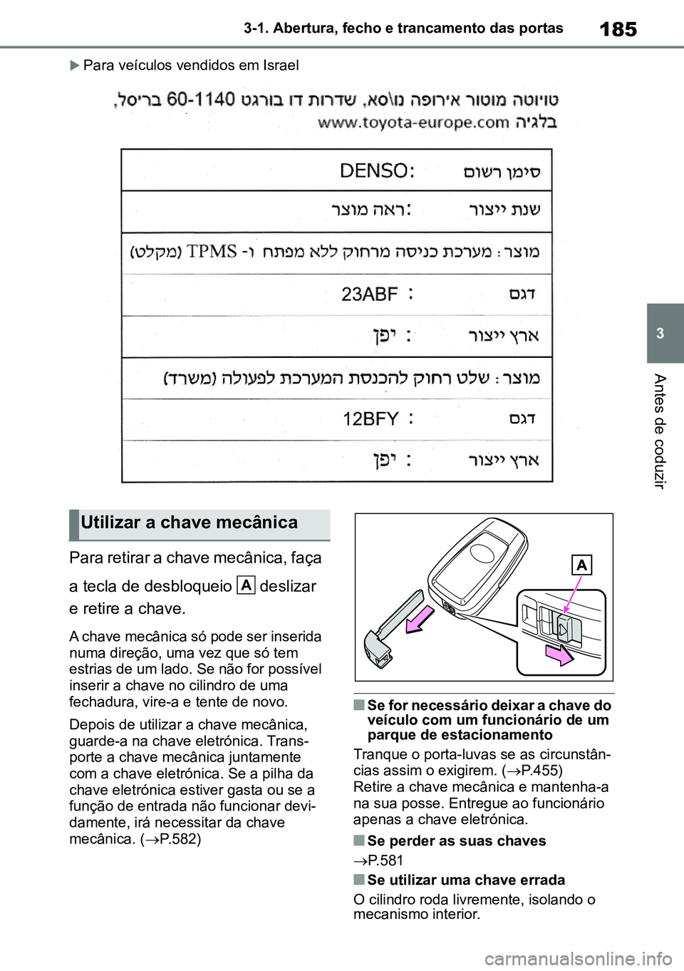TOYOTA RAV4 2019  Manual de utilização (in Portuguese) 185
3
3-1. Abertura, fecho e trancamento das portas
Antes de coduzir
Para veículos vendidos em Israel
Para retirar a chave mecânica, faça  
a tecla de desbloqueio  deslizar   
e retire a chave.
