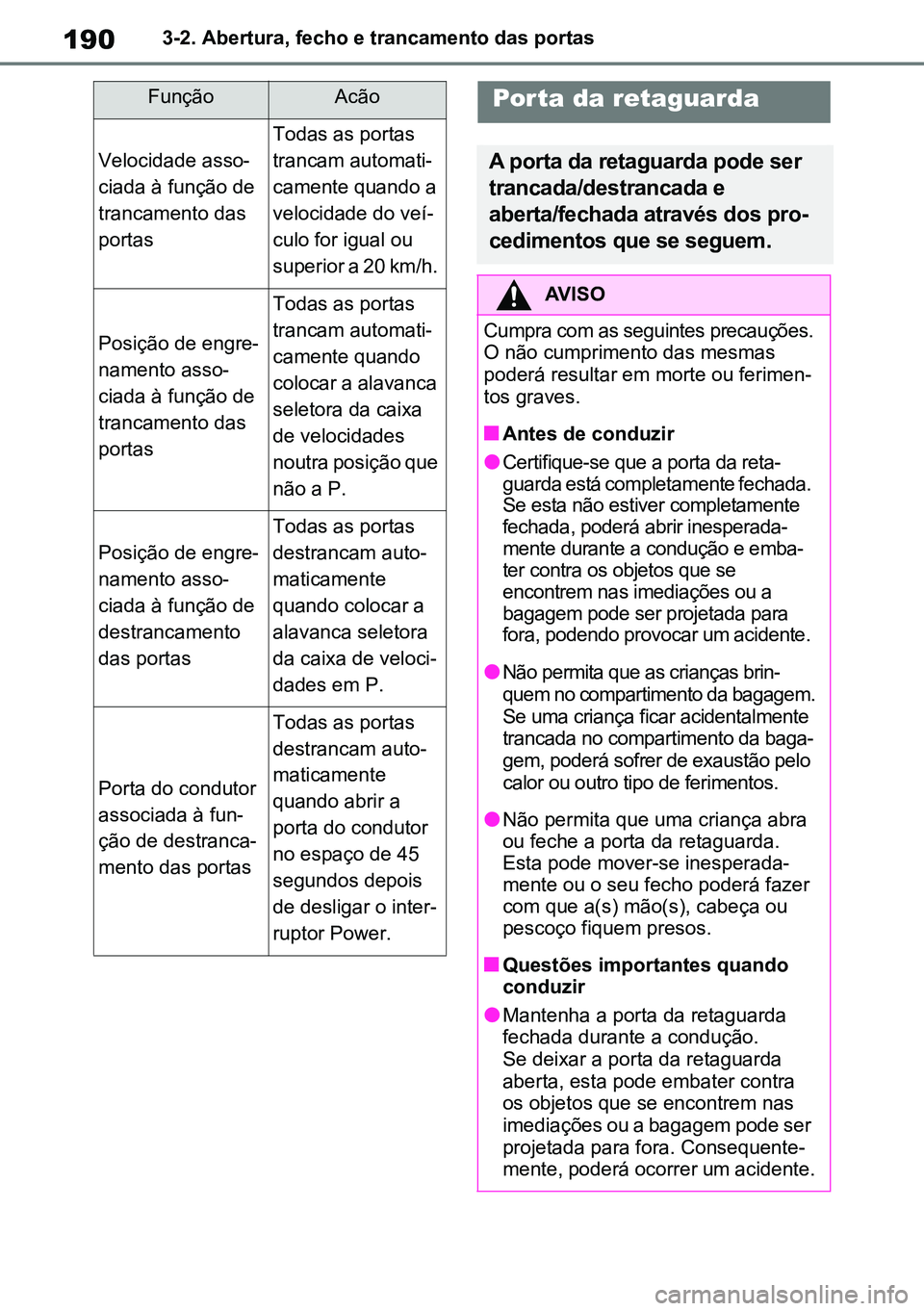 TOYOTA RAV4 2019  Manual de utilização (in Portuguese) 1903-2. Abertura, fecho e trancamento das portas
FunçãoAcão
Velocidade asso-
ciada à função de 
trancamento das 
portas
Todas as portas 
trancam automati -
camente quando a 
velocidade do veí-
