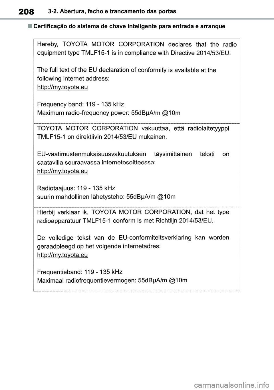 TOYOTA RAV4 2019  Manual de utilização (in Portuguese) 2083-2. Abertura, fecho e trancamento das portas
nCertificação do sistema de chave inteligente para entrada e arranque 
M42C86toeuenvhch03.fm  Page 208  Monday, February 3, 2020  11:41 PM
RAV4HV_OM_