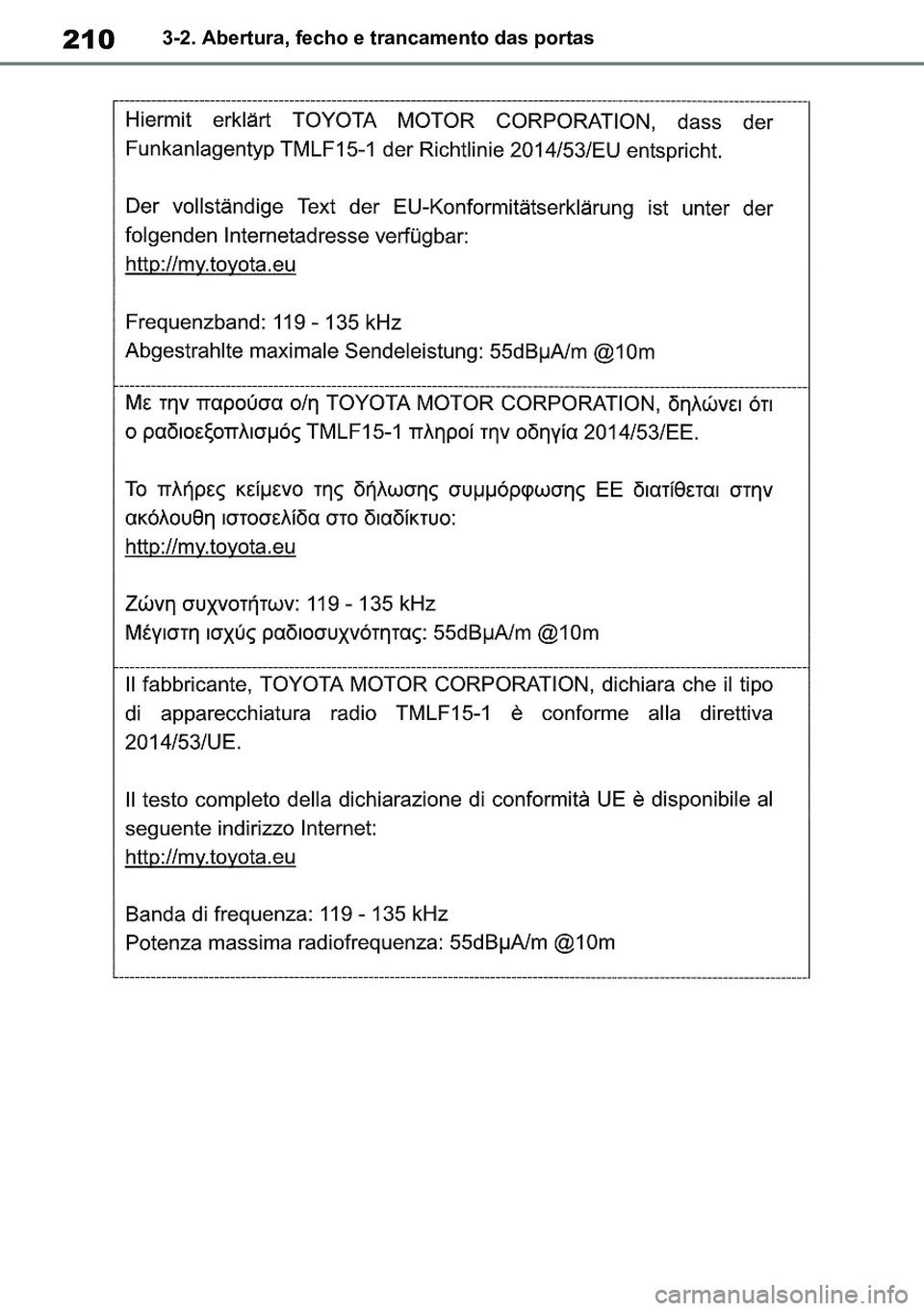 TOYOTA RAV4 2019  Manual de utilização (in Portuguese) 2103-2. Abertura, fecho e trancamento das portas
M42C86toeuenvhch03.fm  Page 210  Monday, February 3, 2020  11:41 PM
RAV4HV_OM_OM42C86E-1 maiadouro 04022020.pdf   21004/02/20   00:37 