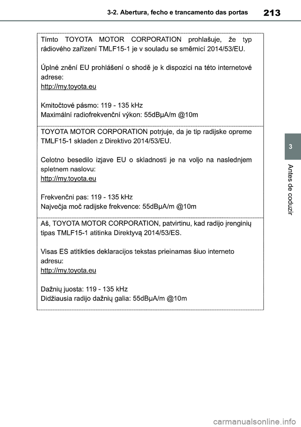 TOYOTA RAV4 2019  Manual de utilização (in Portuguese) 213
3
3-2. Abertura, fecho e trancamento das portas
Antes de coduzir
M42C86toeuenvhch03.fm  Page 213  Monday, February 3, 2020  11:41 PM
RAV4HV_OM_OM42C86E-1 maiadouro 04022020.pdf   21304/02/20   00: