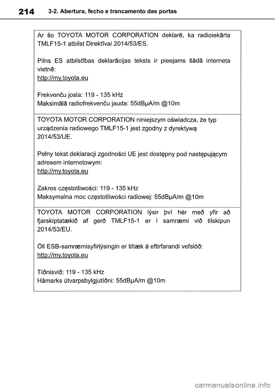 TOYOTA RAV4 2019  Manual de utilização (in Portuguese) 2143-2. Abertura, fecho e trancamento das portas
M42C86toeuenvhch03.fm  Page 214  Monday, February 3, 2020  11:41 PM
RAV4HV_OM_OM42C86E-1 maiadouro 04022020.pdf   21404/02/20   00:37 