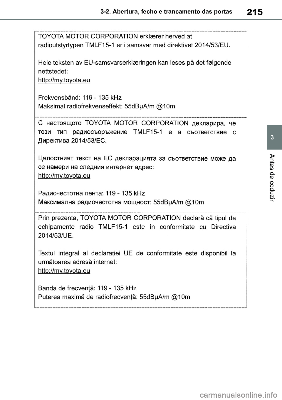 TOYOTA RAV4 2019  Manual de utilização (in Portuguese) 215
3
3-2. Abertura, fecho e trancamento das portas
Antes de coduzir
M42C86toeuenvhch03.fm  Page 215  Monday, February 3, 2020  11:41 PM
RAV4HV_OM_OM42C86E-1 maiadouro 04022020.pdf   21504/02/20   00: