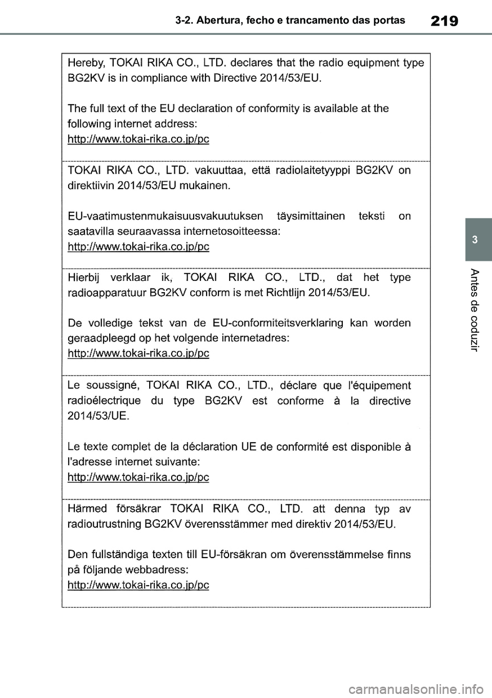 TOYOTA RAV4 2019  Manual de utilização (in Portuguese) 219
3
3-2. Abertura, fecho e trancamento das portas
Antes de coduzir
M42C86toeuenvhch03.fm  Page 219  Monday, February 3, 2020  11:41 PM
RAV4HV_OM_OM42C86E-1 maiadouro 04022020.pdf   21904/02/20   00:
