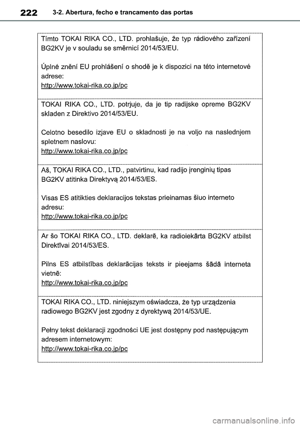 TOYOTA RAV4 2019  Manual de utilização (in Portuguese) 2223-2. Abertura, fecho e trancamento das portas
M42C86toeuenvhch03.fm  Page 222  Monday, February 3, 2020  11:41 PM
RAV4HV_OM_OM42C86E-1 maiadouro 04022020.pdf   22204/02/20   00:37 