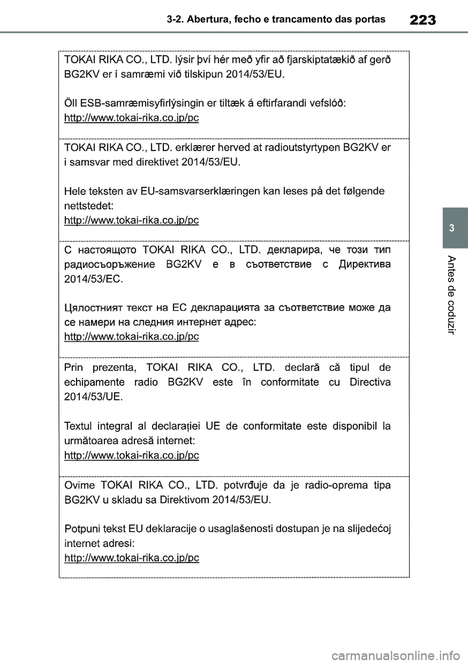 TOYOTA RAV4 2019  Manual de utilização (in Portuguese) 223
3
3-2. Abertura, fecho e trancamento das portas
Antes de coduzir
M42C86toeuenvhch03.fm  Page 223  Monday, February 3, 2020  11:41 PM
RAV4HV_OM_OM42C86E-1 maiadouro 04022020.pdf   22304/02/20   00: