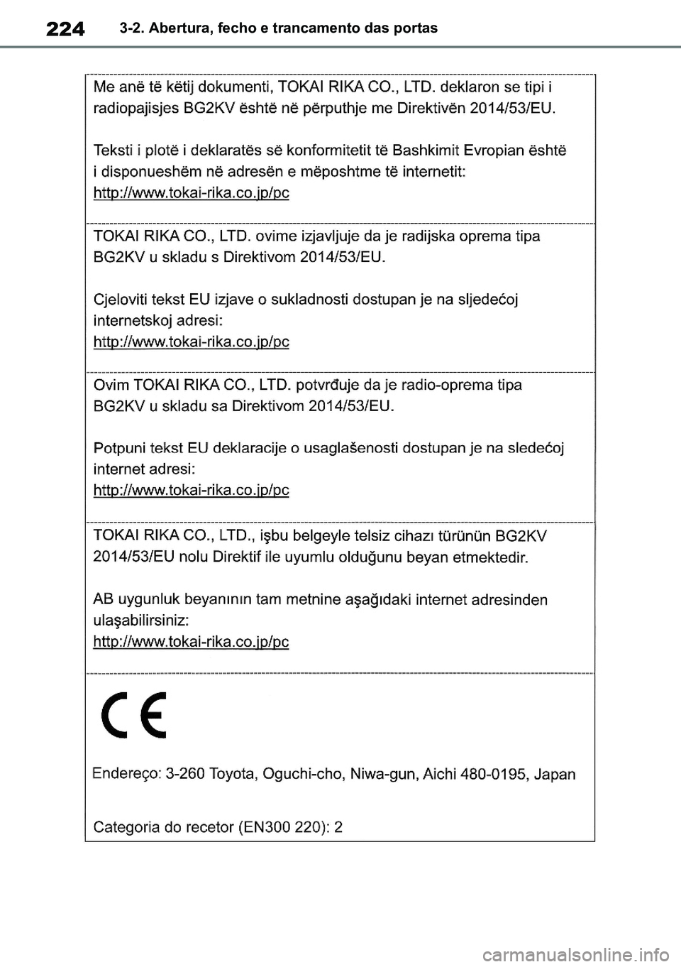 TOYOTA RAV4 2019  Manual de utilização (in Portuguese) 2243-2. Abertura, fecho e trancamento das portas
M42C86toeuenvhch03.fm  Page 224  Monday, February 3, 2020  11:41 PM
RAV4HV_OM_OM42C86E-1 maiadouro 04022020.pdf   22404/02/20   00:37 