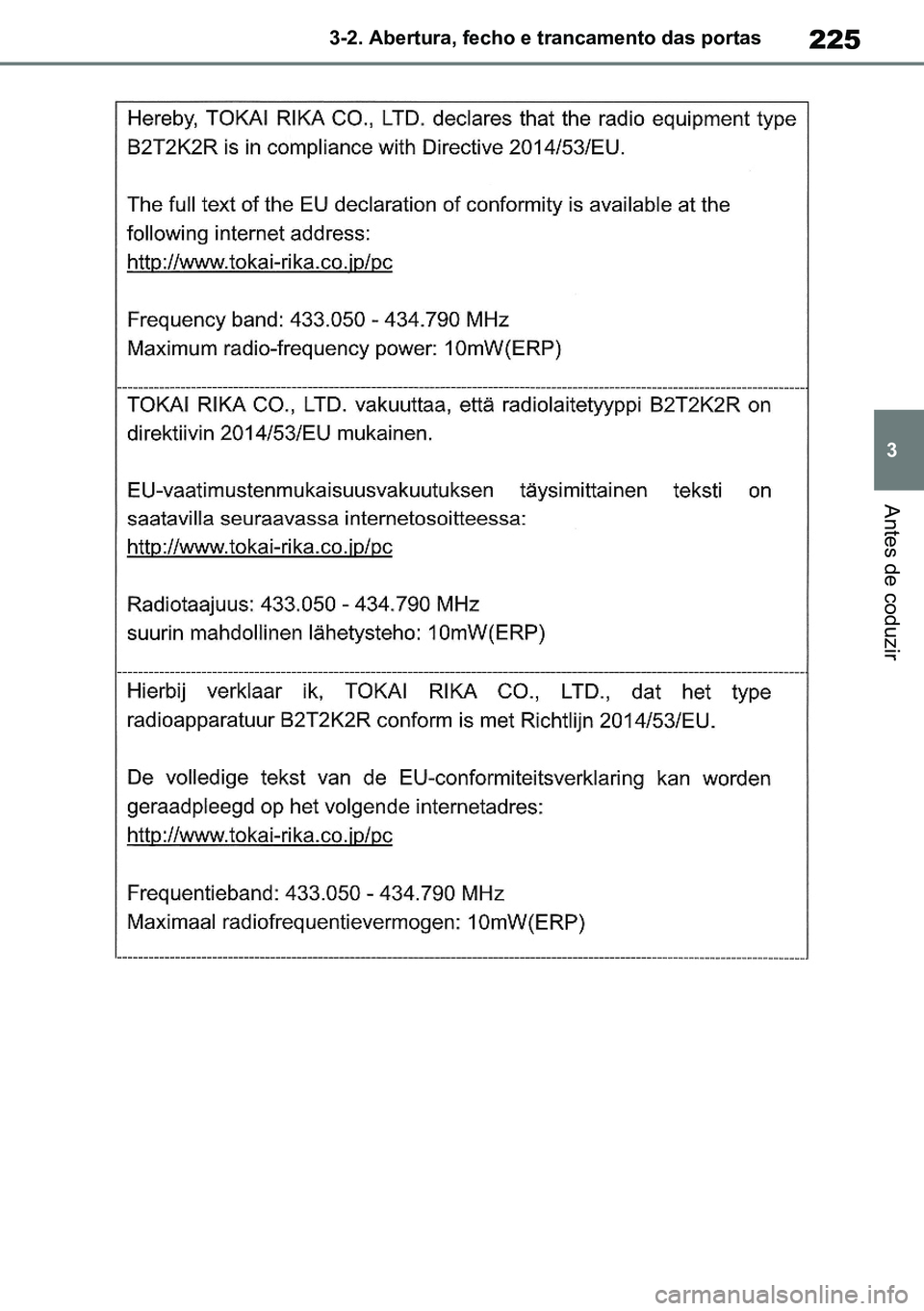 TOYOTA RAV4 2019  Manual de utilização (in Portuguese) 225
3
3-2. Abertura, fecho e trancamento das portas
Antes de coduzir
M42C86toeuenvhch03.fm  Page 225  Monday, February 3, 2020  11:41 PM
RAV4HV_OM_OM42C86E-1 maiadouro 04022020.pdf   22504/02/20   00: