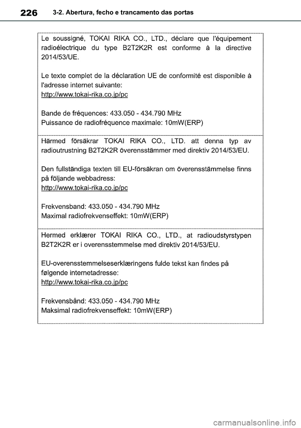 TOYOTA RAV4 2019  Manual de utilização (in Portuguese) 2263-2. Abertura, fecho e trancamento das portas
M42C86toeuenvhch03.fm  Page 226  Monday, February 3, 2020  11:41 PM
RAV4HV_OM_OM42C86E-1 maiadouro 04022020.pdf   22604/02/20   00:37 