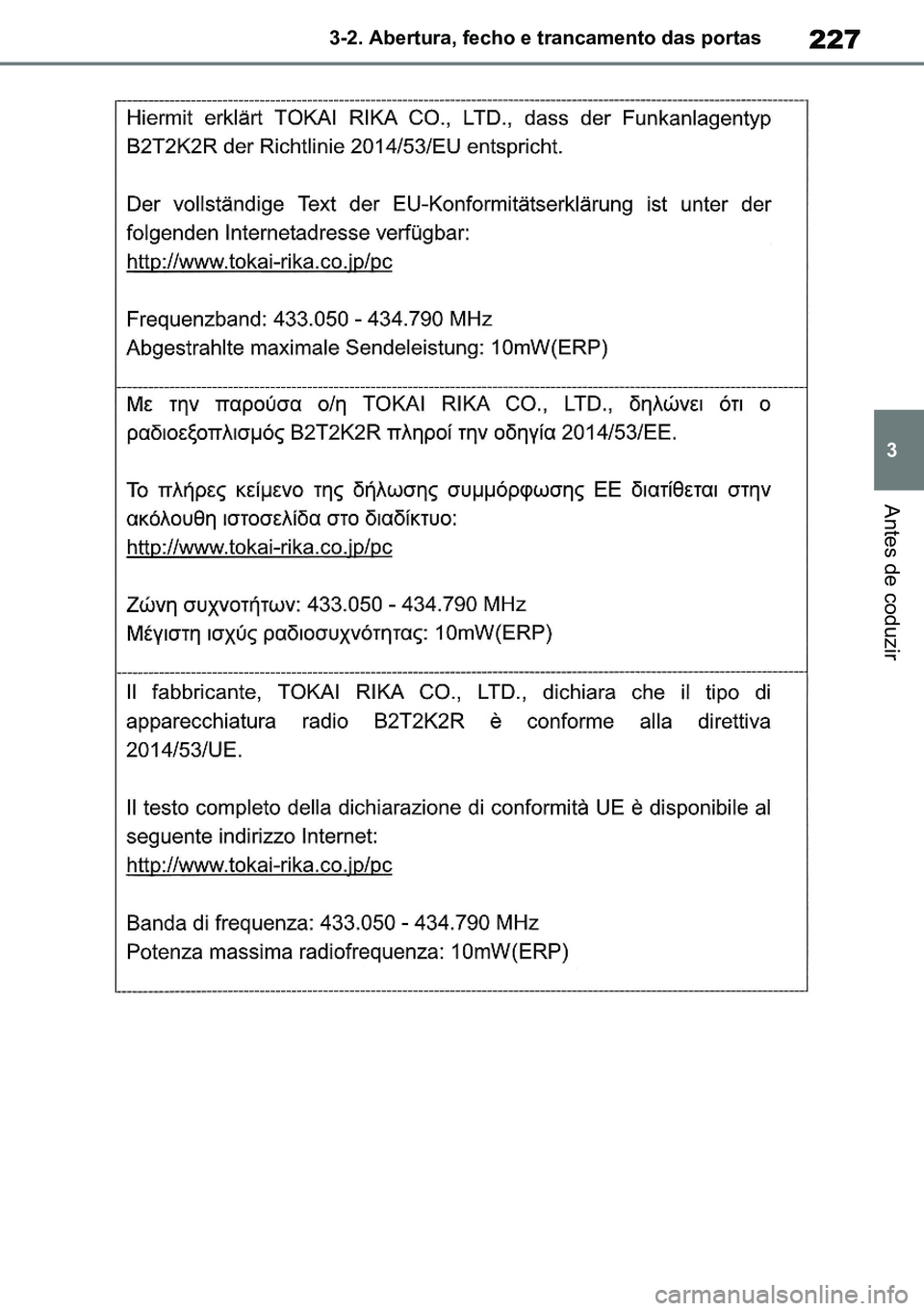 TOYOTA RAV4 2019  Manual de utilização (in Portuguese) 227
3
3-2. Abertura, fecho e trancamento das portas
Antes de coduzir
M42C86toeuenvhch03.fm  Page 227  Monday, February 3, 2020  11:41 PM
RAV4HV_OM_OM42C86E-1 maiadouro 04022020.pdf   22704/02/20   00: