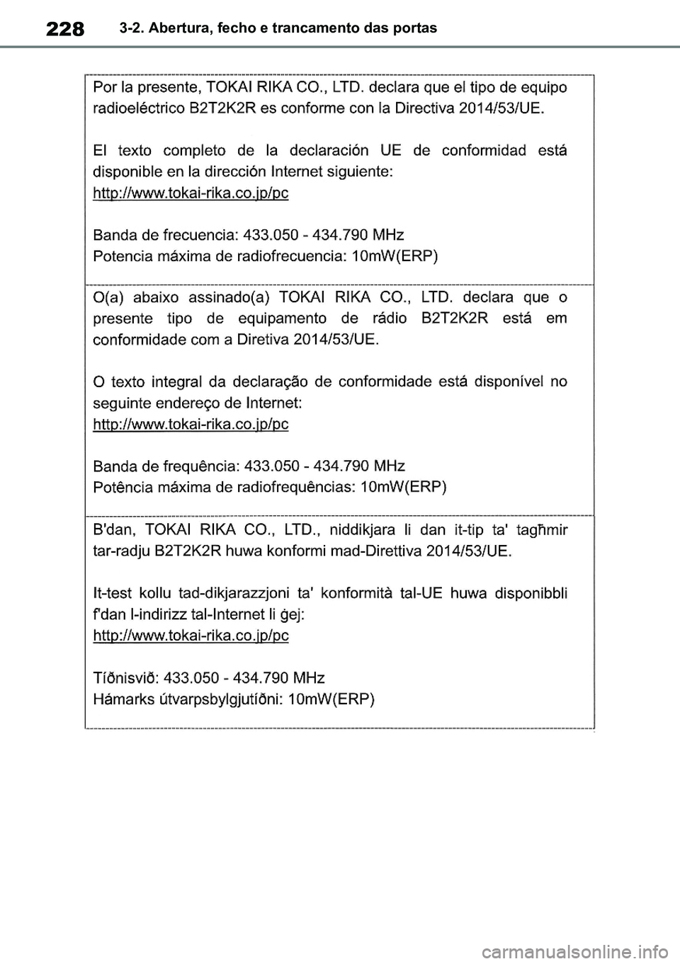 TOYOTA RAV4 2019  Manual de utilização (in Portuguese) 2283-2. Abertura, fecho e trancamento das portas
M42C86toeuenvhch03.fm  Page 228  Monday, February 3, 2020  11:41 PM
RAV4HV_OM_OM42C86E-1 maiadouro 04022020.pdf   22804/02/20   00:37 