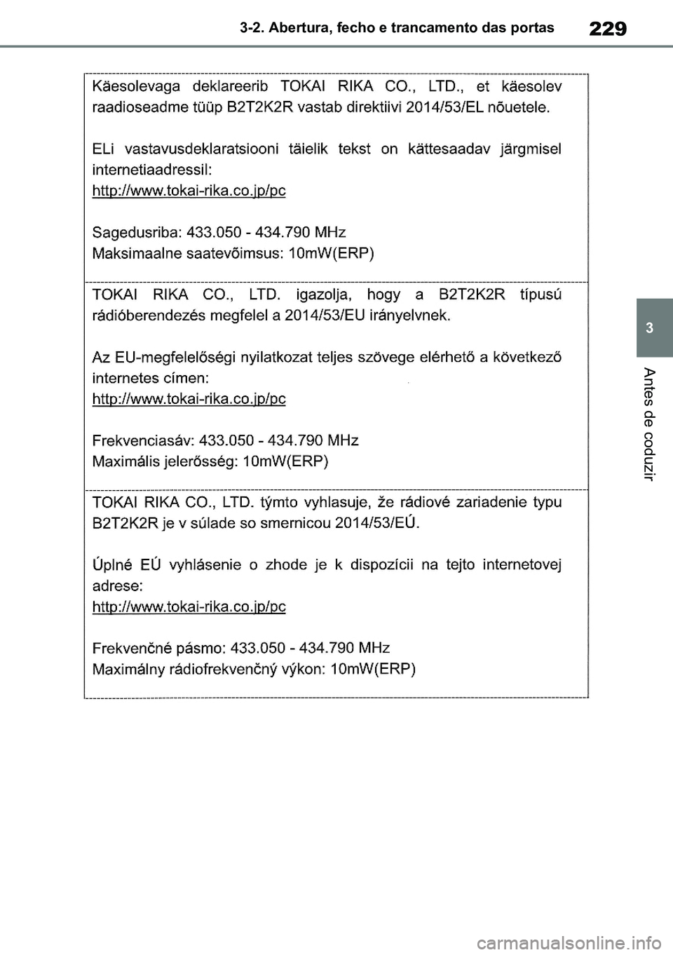 TOYOTA RAV4 2019  Manual de utilização (in Portuguese) 229
3
3-2. Abertura, fecho e trancamento das portas
Antes de coduzir
M42C86toeuenvhch03.fm  Page 229  Monday, February 3, 2020  11:41 PM
RAV4HV_OM_OM42C86E-1 maiadouro 04022020.pdf   22904/02/20   00: