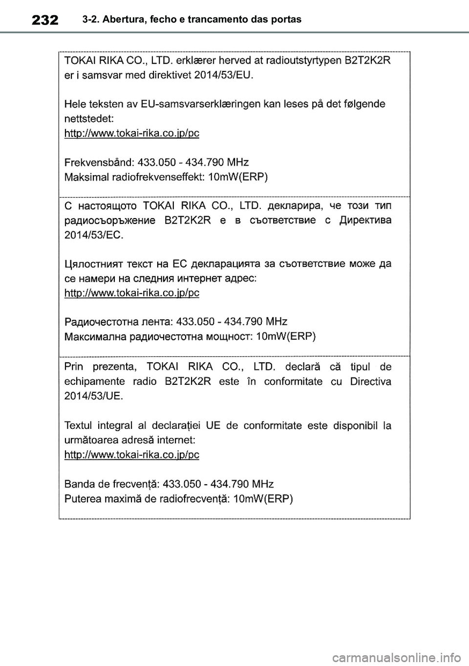 TOYOTA RAV4 2019  Manual de utilização (in Portuguese) 2323-2. Abertura, fecho e trancamento das portas
M42C86toeuenvhch03.fm  Page 232  Monday, February 3, 2020  11:41 PM
RAV4HV_OM_OM42C86E-1 maiadouro 04022020.pdf   23204/02/20   00:37 
