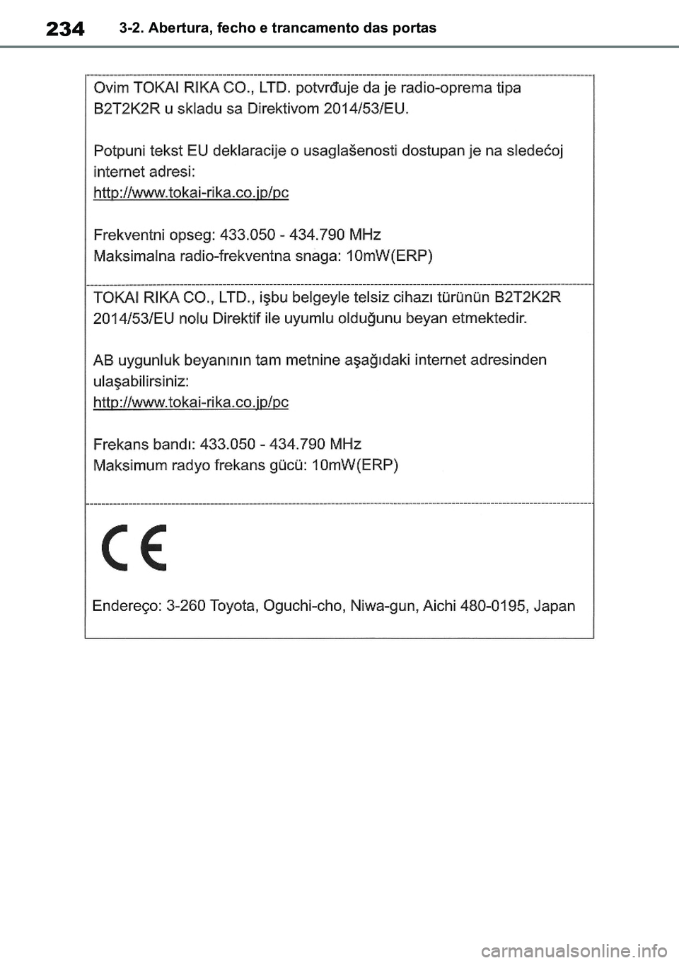 TOYOTA RAV4 2019  Manual de utilização (in Portuguese) 2343-2. Abertura, fecho e trancamento das portas
M42C86toeuenvhch03.fm  Page 234  Monday, February 3, 2020  11:41 PM
RAV4HV_OM_OM42C86E-1 maiadouro 04022020.pdf   23404/02/20   00:37 