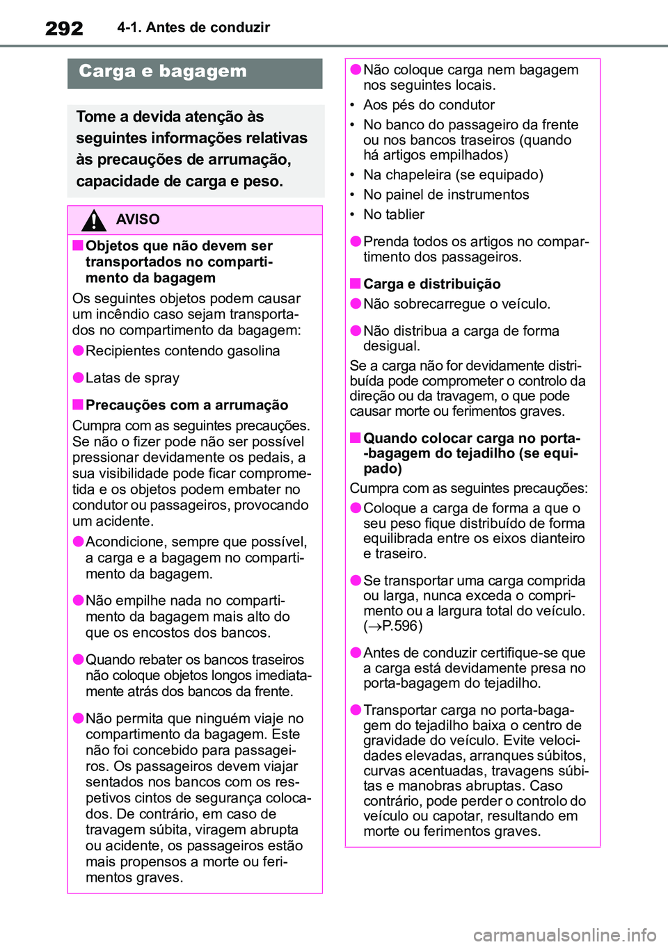 TOYOTA RAV4 2019  Manual de utilização (in Portuguese) 2924-1. Antes de conduzir
Carga e bagagem
Tome a devida atenção às 
seguintes informações relativas 
às precauções de arrumação, 
capacidade de carga e peso.
AVISO
nObjetos que não devem se