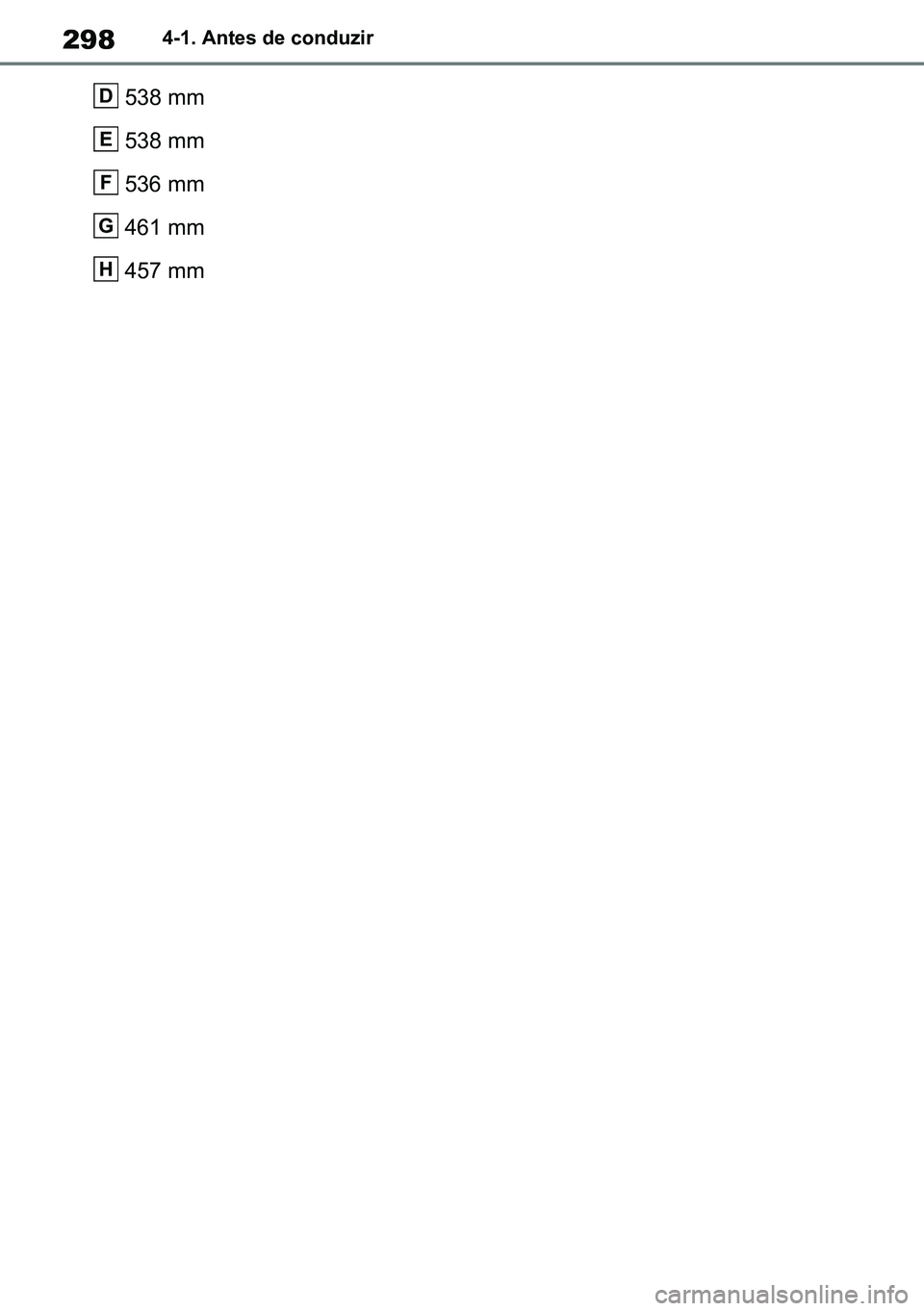 TOYOTA RAV4 2019  Manual de utilização (in Portuguese) 2984-1. Antes de conduzir
538 mm
538 mm
536 mm 
461 mm
457 mmD
E
F
G
H
M42C86toeuenvhch04.fm  Page 298  Monday, February 3, 2020  11:45 PM
RAV4HV_OM_OM42C86E-1 maiadouro 04022020.pdf   29804/02/20   0