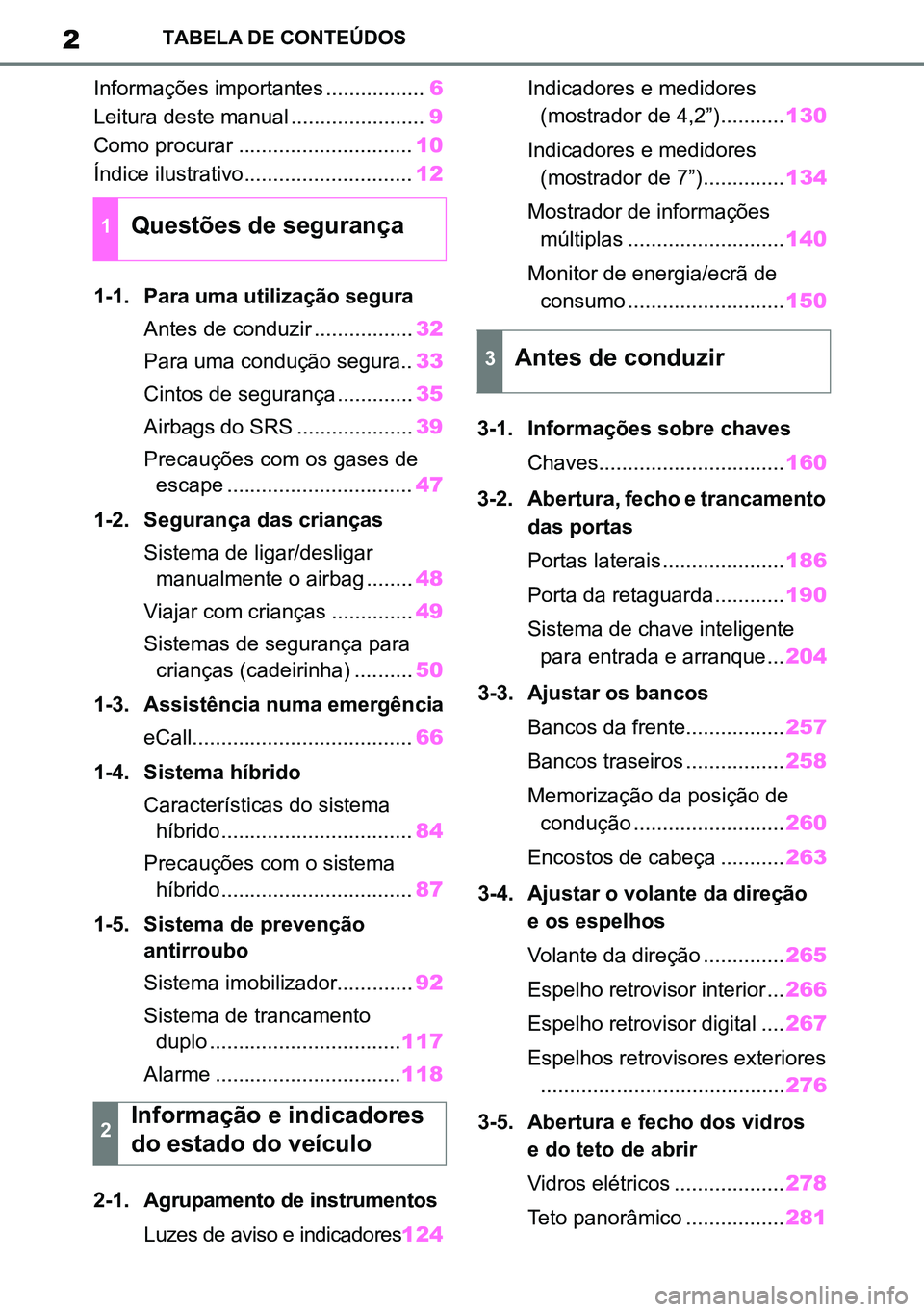 TOYOTA RAV4 2019 Manual de utilização (in Portuguese) 2TABELA DE CONTEÚDOS
Informações importantes .................6
Leitura deste manual ....................... 9
Como procurar .............................. 10
Índice ilustrativo................... TOYOTA RAV4 2019 Manual de utilização (in Portuguese) 2TABELA DE CONTEÚDOS
Informações importantes .................6
Leitura deste manual ....................... 9
Como procurar .............................. 10
Índice ilustrativo...................